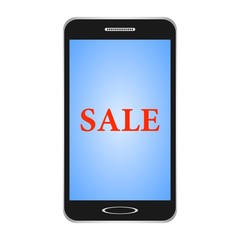 Black smartphone with silver button and a silver speaker with shining blue display and red sale inscription on a white background