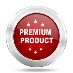 premium product icon, red round glossy metallic button, web and mobile app design illustration