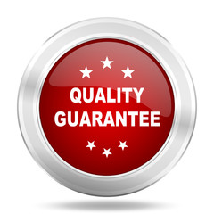 quality guarantee icon, red round glossy metallic button, web and mobile app design illustration