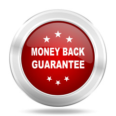 money back guarantee icon, red round glossy metallic button, web and mobile app design illustration