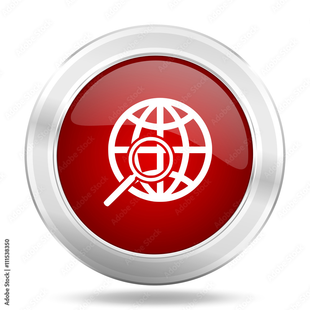 Poster search icon, red round glossy metallic button, web and mobile app design illustration