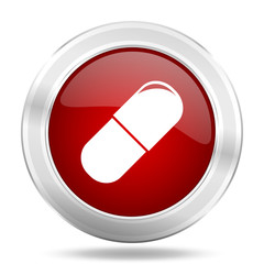 drugs icon, red round glossy metallic button, web and mobile app design illustration