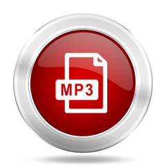 mp3 file icon, red round glossy metallic button, web and mobile app design illustration