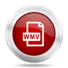 wmv file icon, red round glossy metallic button, web and mobile app design illustration