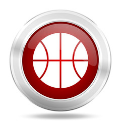 ball icon, red round glossy metallic button, web and mobile app design illustration