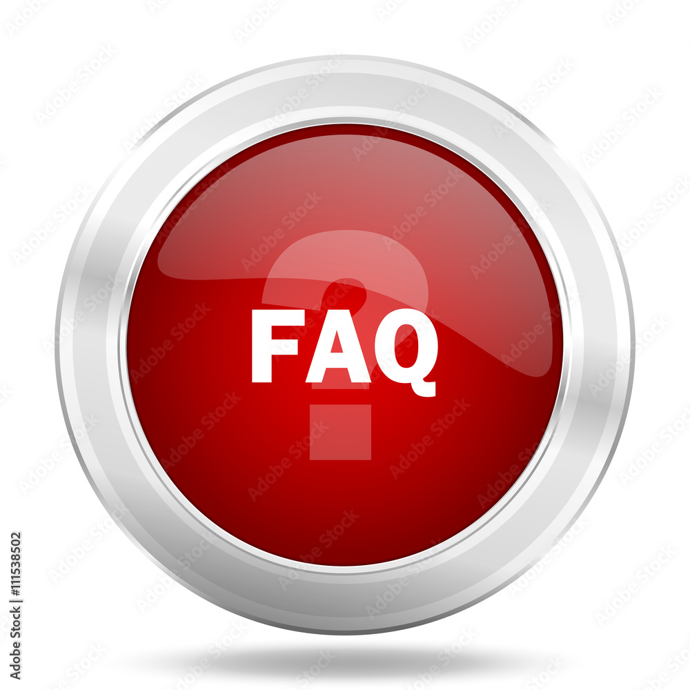 Poster faq icon, red round glossy metallic button, web and mobile app design illustration