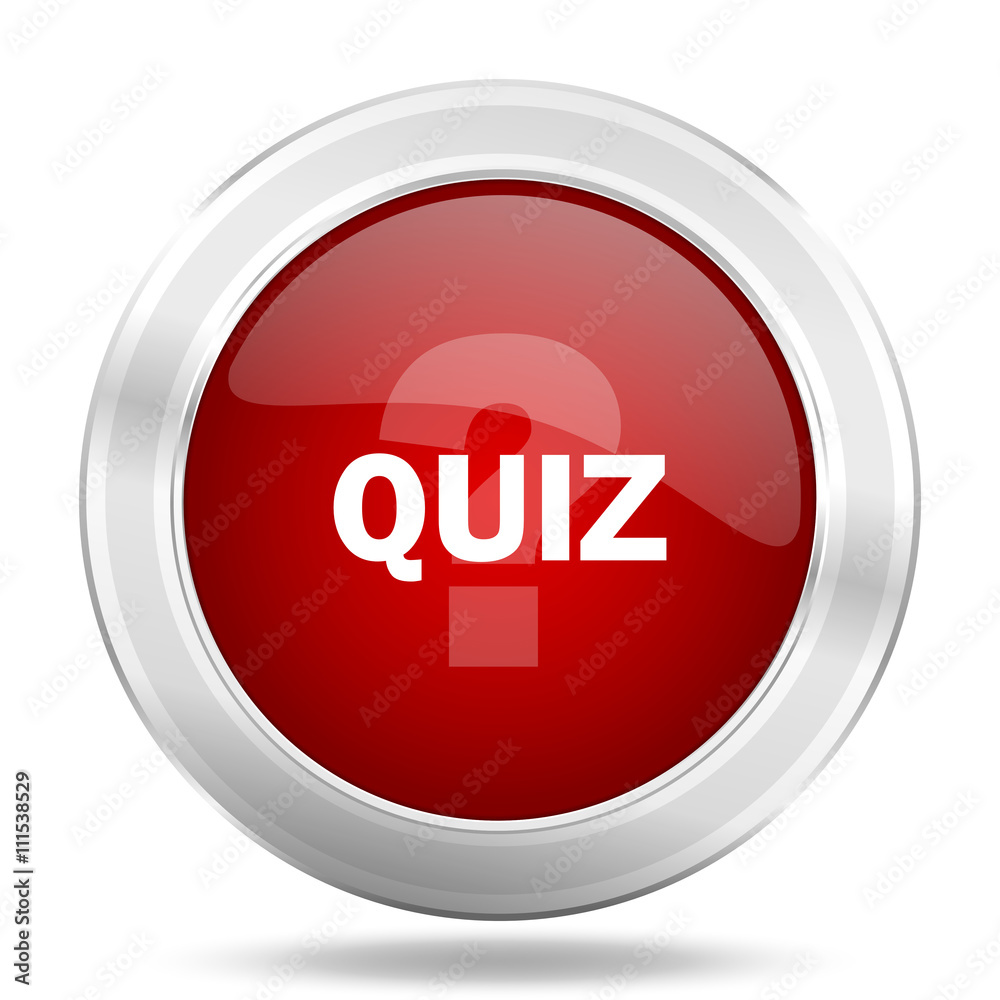 Poster quiz icon, red round glossy metallic button, web and mobile app design illustration
