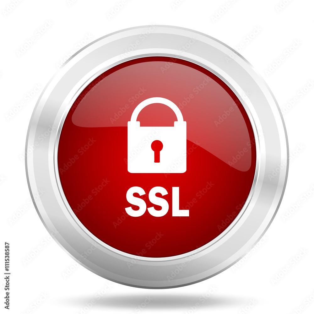 Poster ssl icon, red round glossy metallic button, web and mobile app design illustration