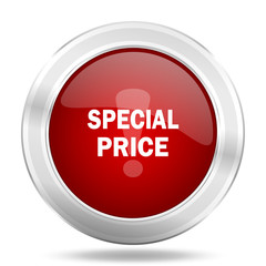 special price icon, red round glossy metallic button, web and mobile app design illustration