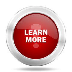 learn more icon, red round glossy metallic button, web and mobile app design illustration