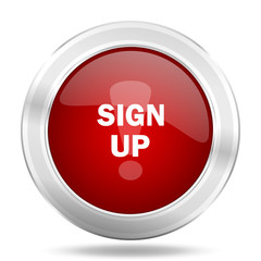 sign up icon, red round glossy metallic button, web and mobile app design illustration
