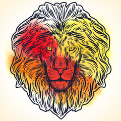 Hand drawn lion head isolated. Banner, poster, card, t-shirt design template. Vector illustration 