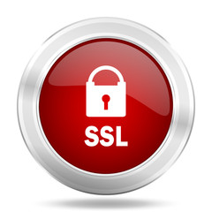 ssl icon, red round glossy metallic button, web and mobile app design illustration