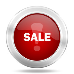 sale icon, red round glossy metallic button, web and mobile app design illustration