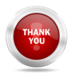 thank you icon, red round glossy metallic button, web and mobile app design illustration