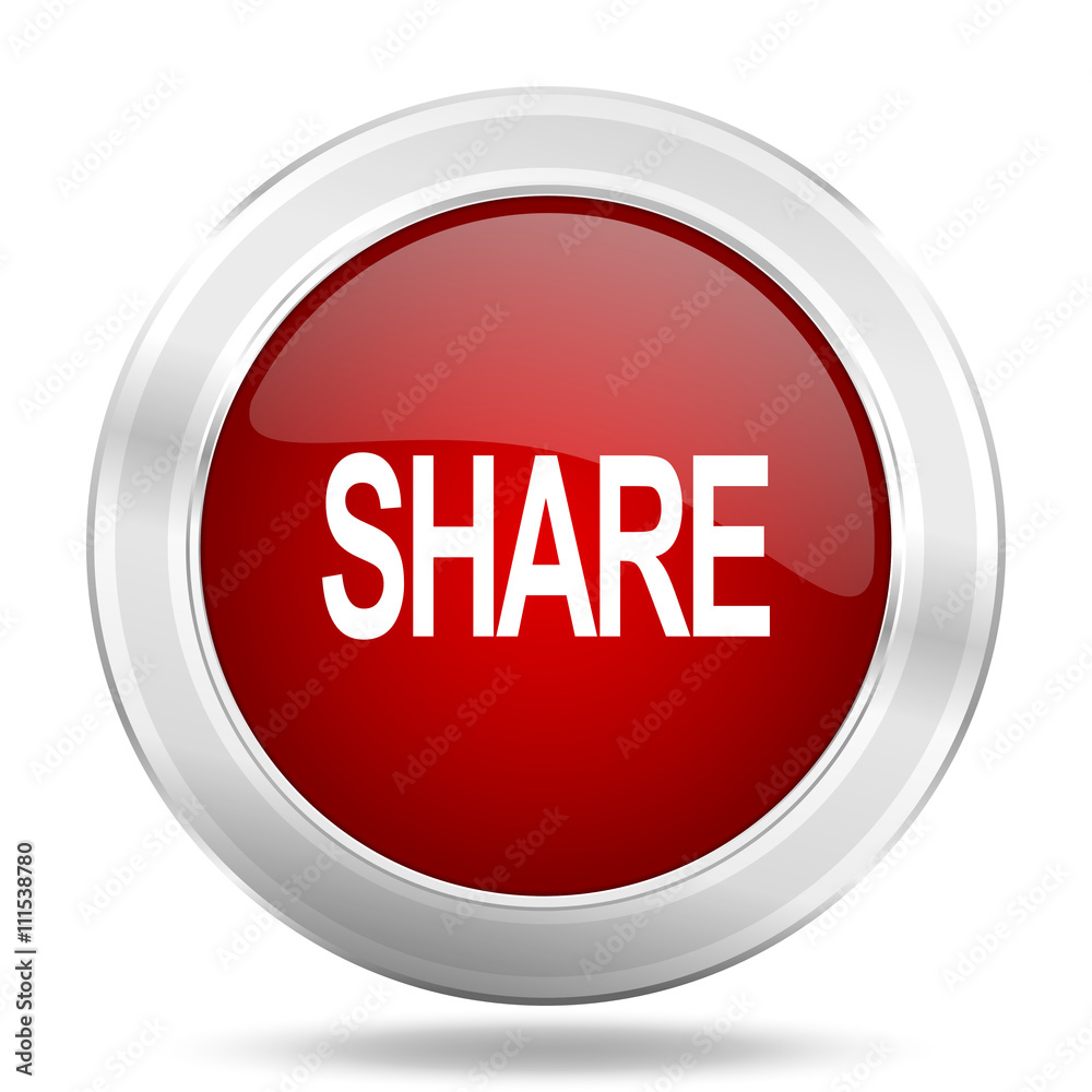 Aufkleber share icon, red round glossy metallic button, web and mobile app design illustration