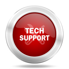 technical support icon, red round glossy metallic button, web and mobile app design illustration