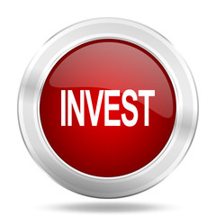 nvest icon, red round glossy metallic button, web and mobile app design illustration