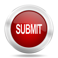 submit icon, red round glossy metallic button, web and mobile app design illustration