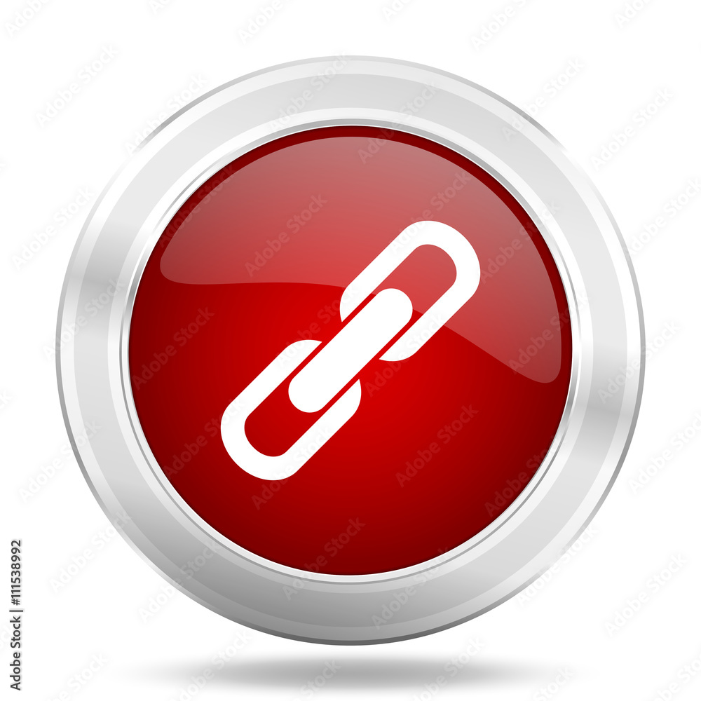 Aufkleber link icon, red round glossy metallic button, web and mobile app design illustration