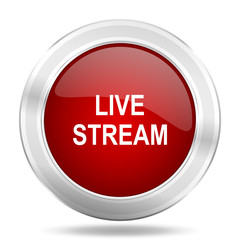 live stream icon, red round glossy metallic button, web and mobile app design illustration