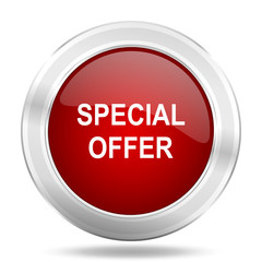 special offer icon, red round glossy metallic button, web and mobile app design illustration