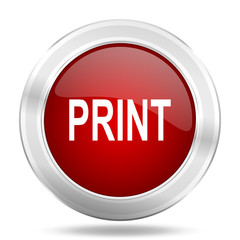 print icon, red round glossy metallic button, web and mobile app design illustration