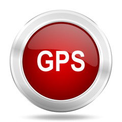 gps icon, red round glossy metallic button, web and mobile app design illustration