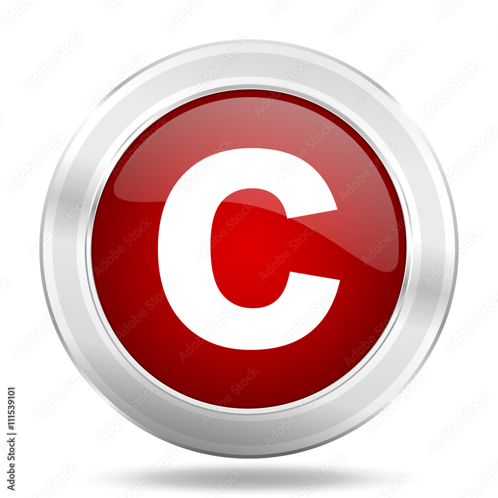 Poster copyright icon, red round glossy metallic button, web and mobile app design illustration