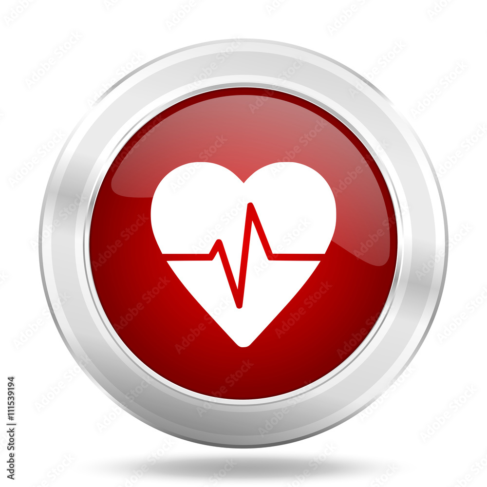 Aufkleber pulse icon, red round glossy metallic button, web and mobile app design illustration