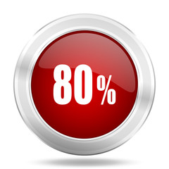 80 percent icon, red round glossy metallic button, web and mobile app design illustration