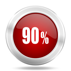 90 percent icon, red round glossy metallic button, web and mobile app design illustration
