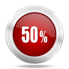50 percent icon, red round glossy metallic button, web and mobile app design illustration