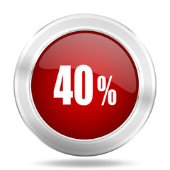 40 percent icon, red round glossy metallic button, web and mobile app design illustration