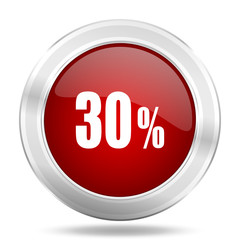 30 percent icon, red round glossy metallic button, web and mobile app design illustration