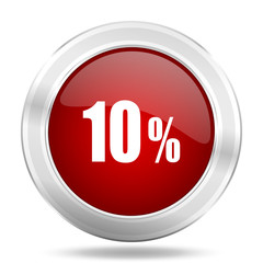 10 percent icon, red round glossy metallic button, web and mobile app design illustration