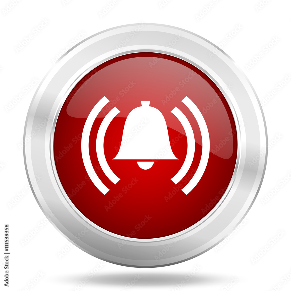 Aufkleber alarm icon, red round glossy metallic button, web and mobile app design illustration