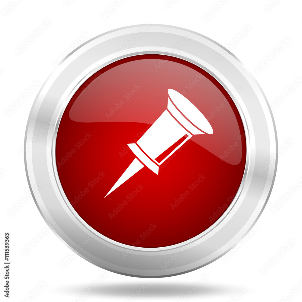 Poster pin icon, red round glossy metallic button, web and mobile app design illustration