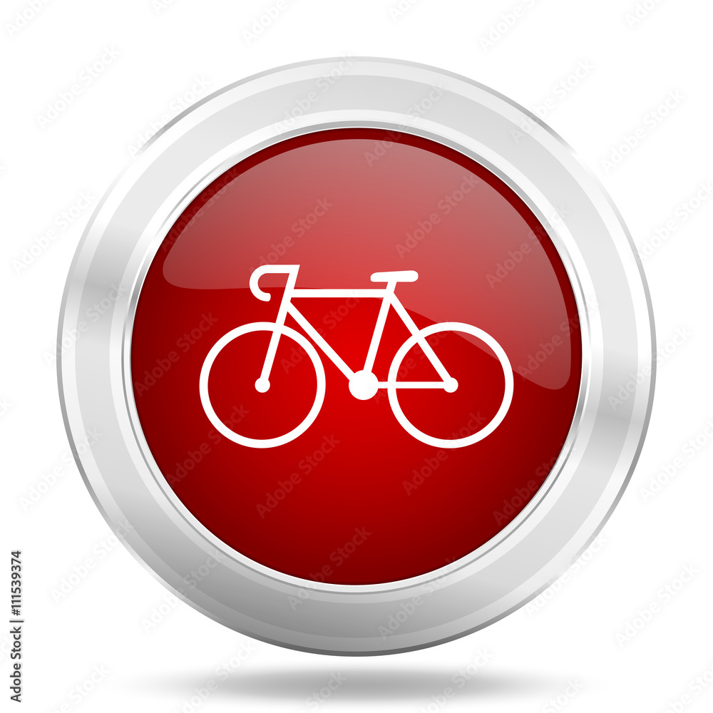 Poster bicycle icon, red round glossy metallic button, web and mobile app design illustration