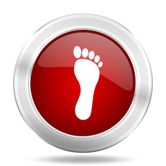 foot icon, red round glossy metallic button, web and mobile app design illustration