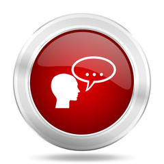 forum icon, red round glossy metallic button, web and mobile app design illustration
