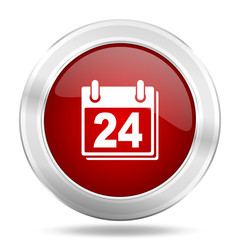 calendar icon, red round glossy metallic button, web and mobile app design illustration