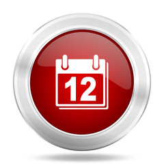 calendar icon, red round glossy metallic button, web and mobile app design illustration