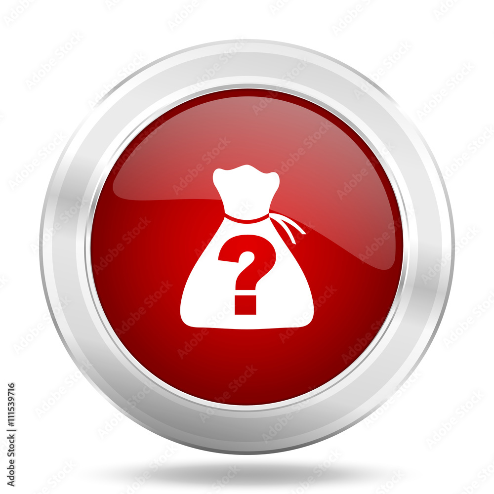 Poster riddle icon, red round glossy metallic button, web and mobile app design illustration