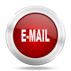 email icon, red round glossy metallic button, web and mobile app design illustration