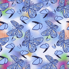 Vector seamless texture with butterflies, distorting net space.