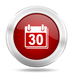 calendar icon, red round glossy metallic button, web and mobile app design illustration