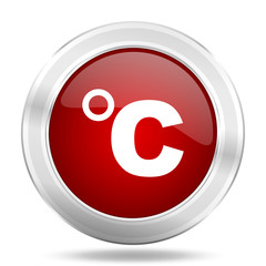 celsius icon, red round glossy metallic button, web and mobile app design illustration