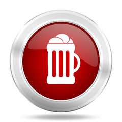 beer icon, red round glossy metallic button, web and mobile app design illustration
