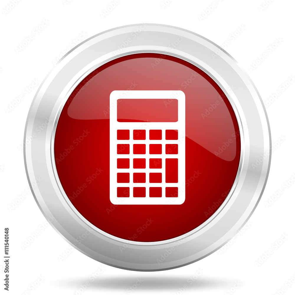 Poster calculator icon, red round glossy metallic button, web and mobile app design illustration